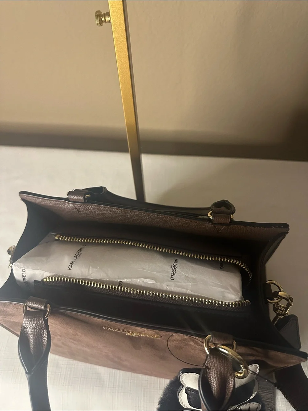 Karl Lagerfeld Brown Suede Top-Handle Satchel with Pom-Pom Charm